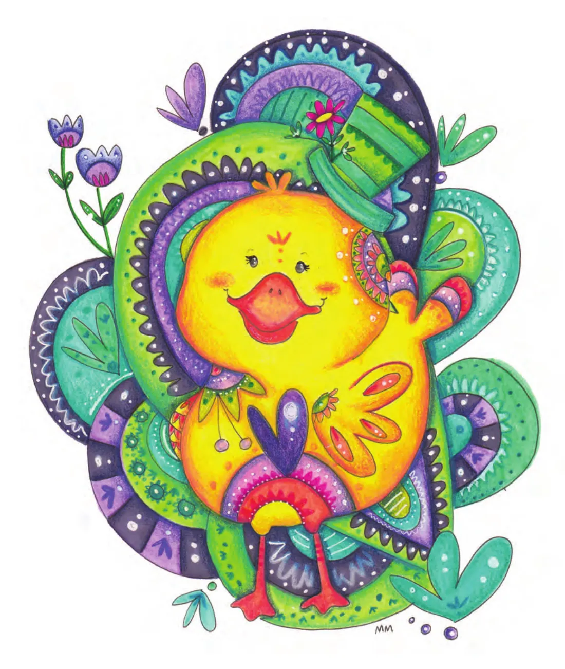 Ilustración de la patita amarilla brillante, rodeada de hojas, flores y patrones de colores