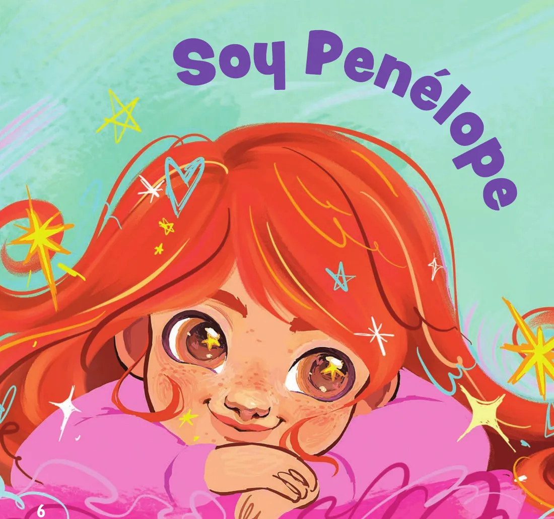 Ilustración de Penélope, una niña pelirroja con pecas, recargada en sus brazos